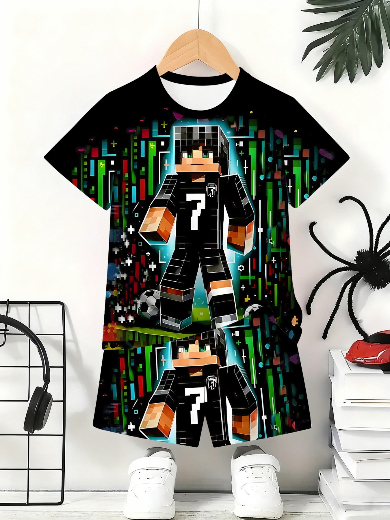 Pixel Art Soccer Kids' T-Shirt Dress - Black Jersey Style | Gaming & Football Theme